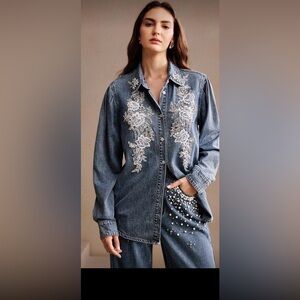SHEIN Blue Jean Jacket with White Embroidery